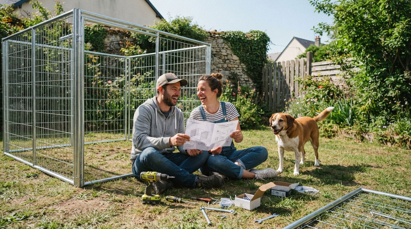 Deux personnes assemblant des panneaux grillagés en acier galvanisé dans un jardin, mains positionnées sur système de fixation, outils de montage au sol à proximité