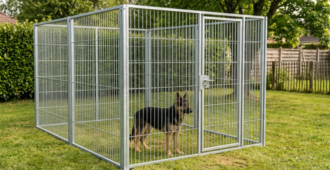 Enclos modulaire en acier galvanisé installé dans un jardin résidentiel français avec un chien de taille moyenne à l'intérieur, panneaux grillagés de 1,80m de hauteur, pelouse et haie en arrière-plan