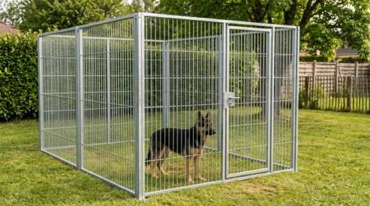 Enclos modulaire en acier galvanisé installé dans un jardin résidentiel français avec un chien de taille moyenne à l'intérieur, panneaux grillagés de 1,80m de hauteur, pelouse et haie en arrière-plan
